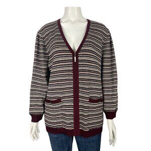 St John Sport Large Full Zip Cardigan Sweater Wool Blend Striped V-Neck